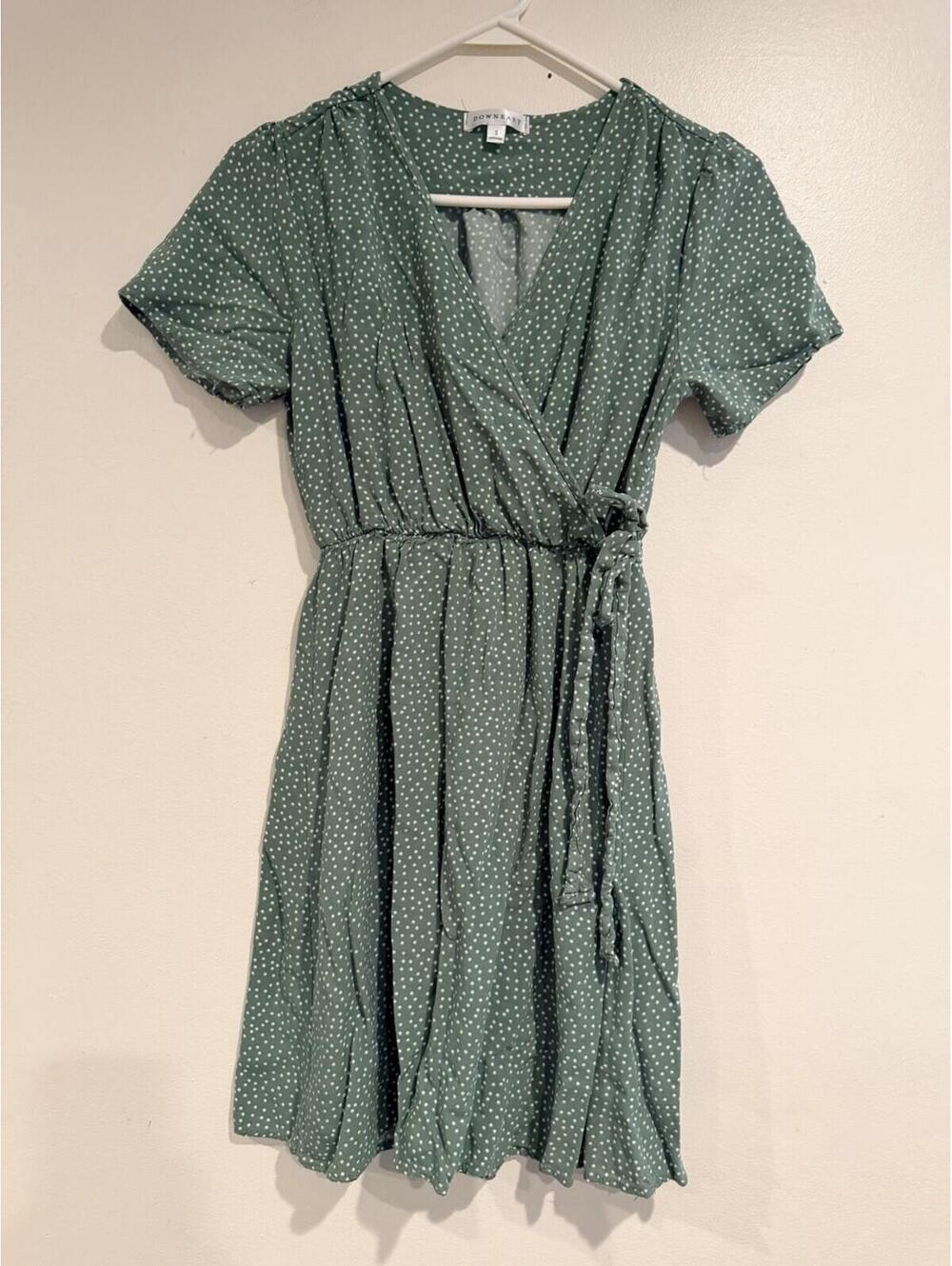 Downeast Women's Dress - Olive Green White Polka Dot Flowy Short